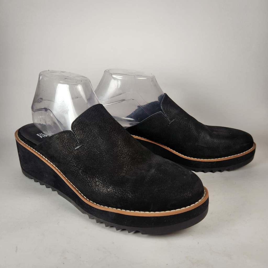 Eileen Fisher Womens Loti Wedge Mule Size 10 Black Nubucl Leather Clog Shoe